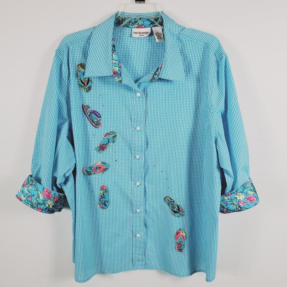 Breckenridge Woman Long Sleeved Button Down Blouse Embroidered Flip Flops Sz 2X